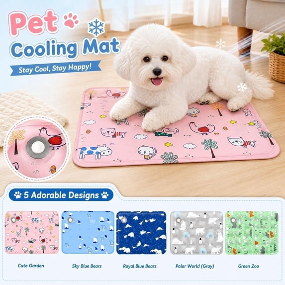 Pet Cooling Mat, Green Pet Cooling Mat for Dogs, Pet Cooling Mat for Cats, Rabbit Cooling Mat, 16X12 Inch Printed Pink Cartoon Comforting Cooling Gel Pad, Portable Non-Slip