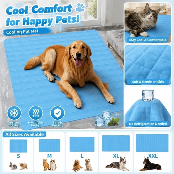 Pet Cooling Mat, Pet Cooling Mat for Cats, Dog Cooling Mat Gel, Ice Silk Cooling Mat for Dogs, Blue Grid-Textured Surface for All-Season Pet Temperature Regulation