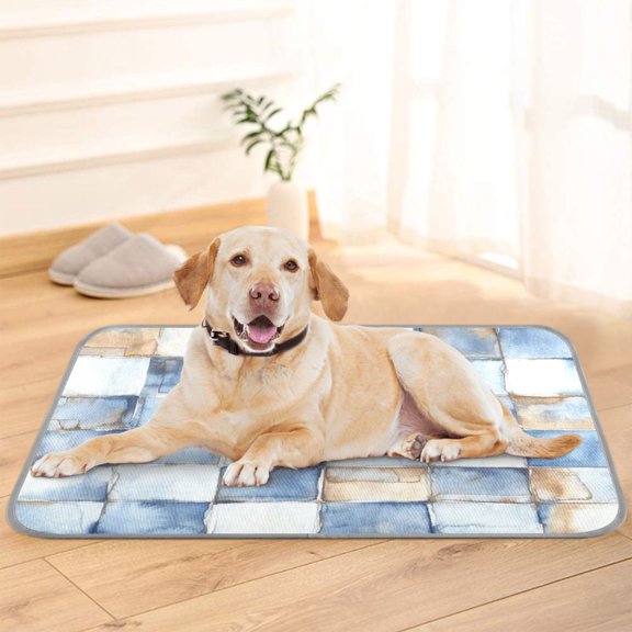 Pet Cooling Pad Foldable Self Cooling Mat Breathable Pet Cushion Sleep Pad for Dogs and Cats Blue and Whiten Square Tiles M