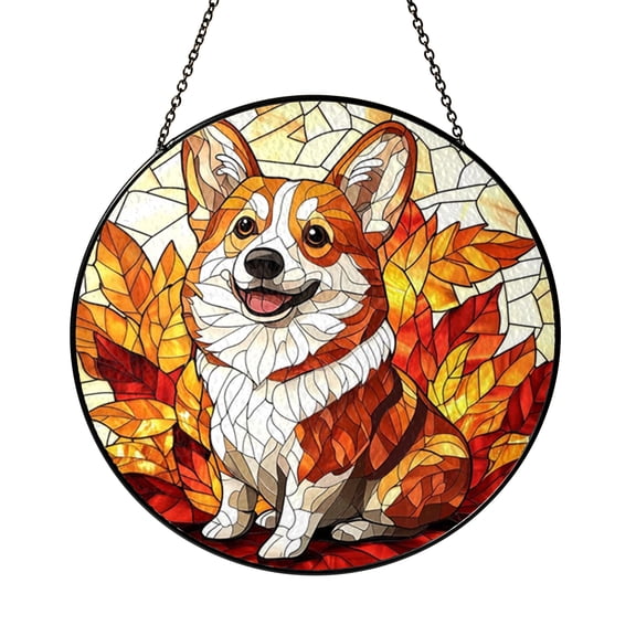 Pet Corgi Portrait Stained Glass Window Hanging