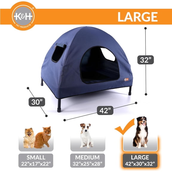 Pet Cot House for Large Dogs, Outdoor Elevated Dog Cot House, Enclosed Canopy, Window Flaps for Air Flow, Washable Cover, Raised Metal Frame, Collapsible - Large 42 X 30in Blue