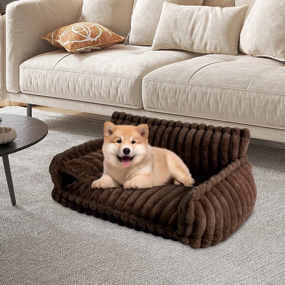 Pet Couch, Large Plush Dog Bed with Removable Washable Cover, Deep Brown Modern Pet Sofa for Small Medium Dogs, Soft Cushioned Doghouse with Pillow, Anti-Slip Bottom