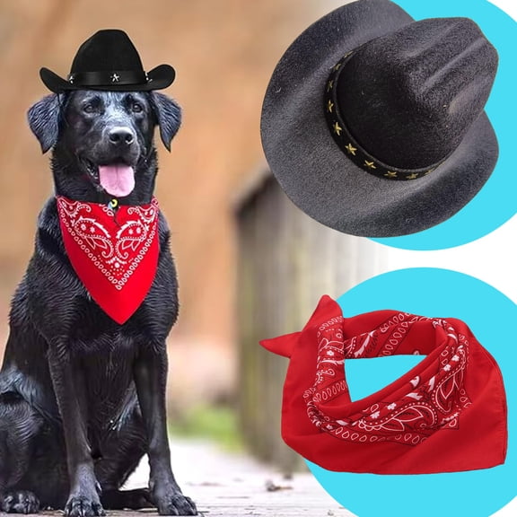 Pet Cowboy Costume for Dogs and Cats, Western Cowboy Hat with Bandana Scarf, Halloween Costume Outfit for Pets (Small, Black)
