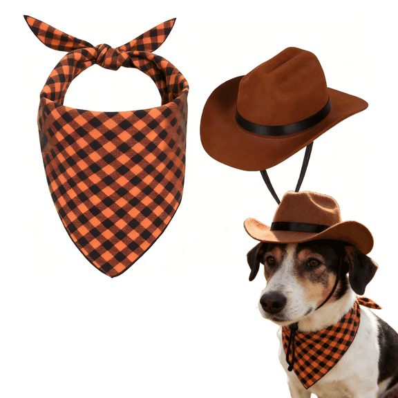 Pet Cowboy Hat & Bandana Set - Western Style Costume for Dogs/Cats, Pet Clothing Gift For Pet Mom, Adjustable Hat
