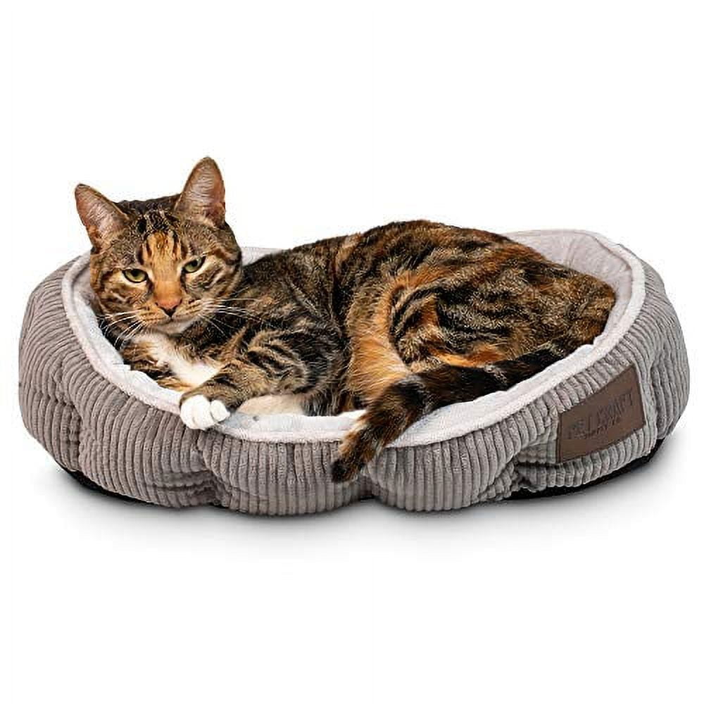 Grey Corduroy Round Self-Warming Cat Bed with Catnip Pouch