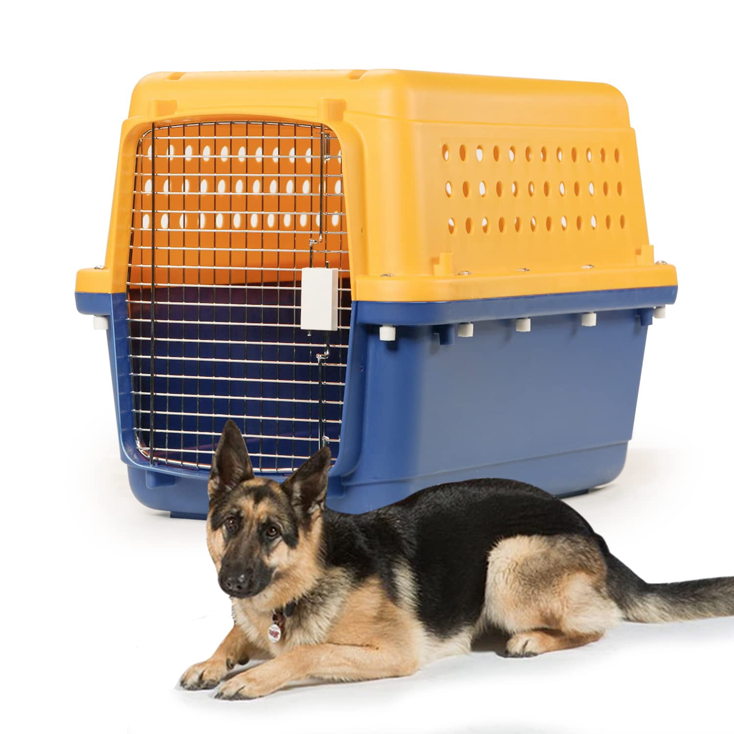 Pet Crate for Large Dogs and Cats, Heavy Duty Airline Approved Travel Kennel, Durable Metal Door Dog Cage Indoor Outdoor Use, Includes Mat and Bowl, Yellow and Blue