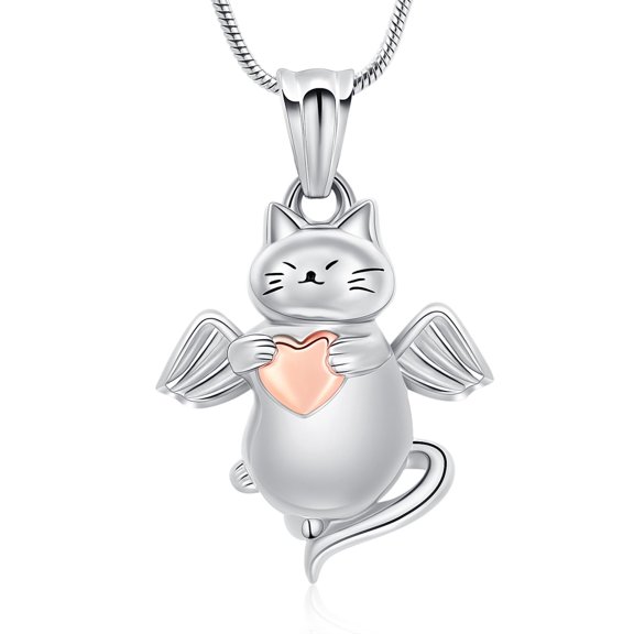 Pet Cremation Jewelry Angel Cat Urn Necklace for Ashes Heart Ashes Pendant Stainless Steel Keepsake Memorial Pet Ashes Jewelry for Women Men