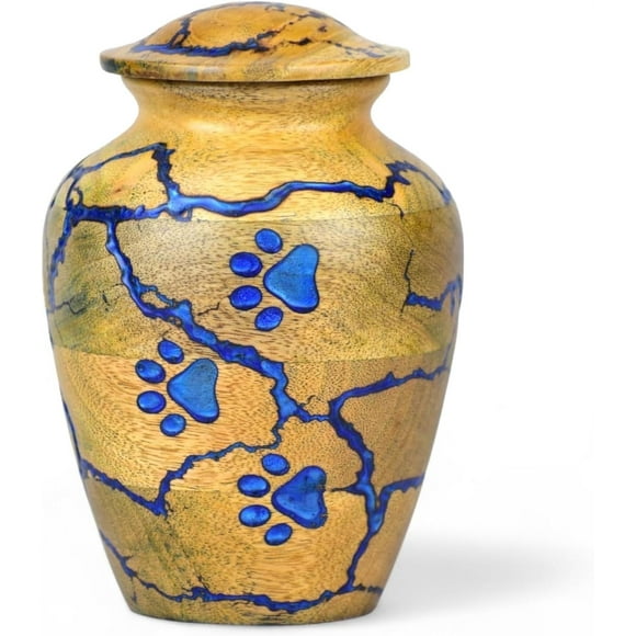 CRAFT INDIA Wooden Pet Cremation Urn for Dog & Cat Ashes, Epoxy Resin Paw Print Memorial Keepsake