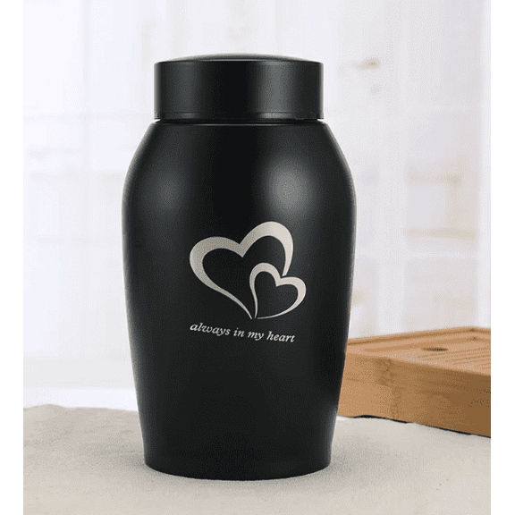 Pet Cremation Urns Stainless Steel Design "Always in my heart", 395ml, Black