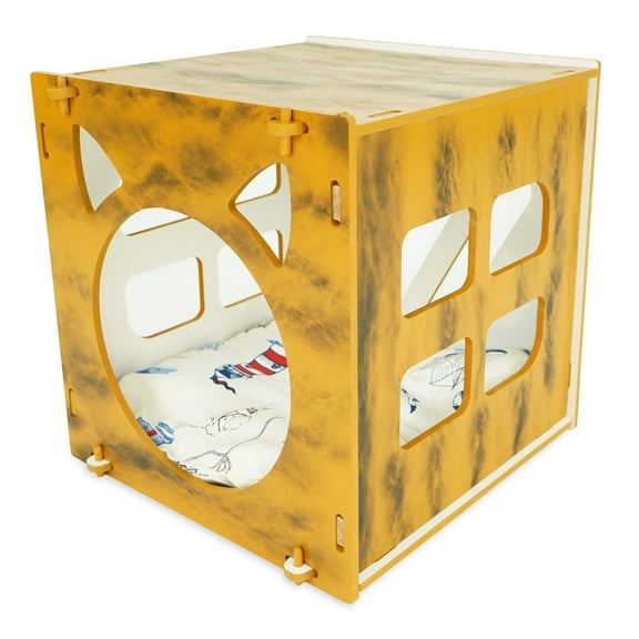 Pet Cube Bed - Scratch Resistant Cozy Covered Cat Bed for Indoor Cats - Padded Cushioned Cat Cave Bed - Tiger