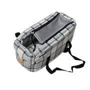 Pet Cushion Car Center Console Dog Bed - Gray Plaid, Portable with Mesh Window, Adjustable Straps - for Small Dogs Cats, Travel Car Use