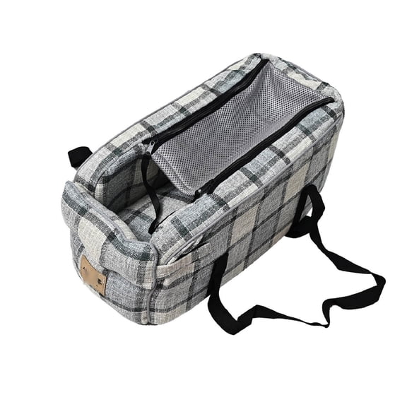 Pet Cushion Car Center Console Dog Bed - Gray Plaid, Portable with Mesh Window, Adjustable Straps - for Small Dogs Cats, Travel Car Use