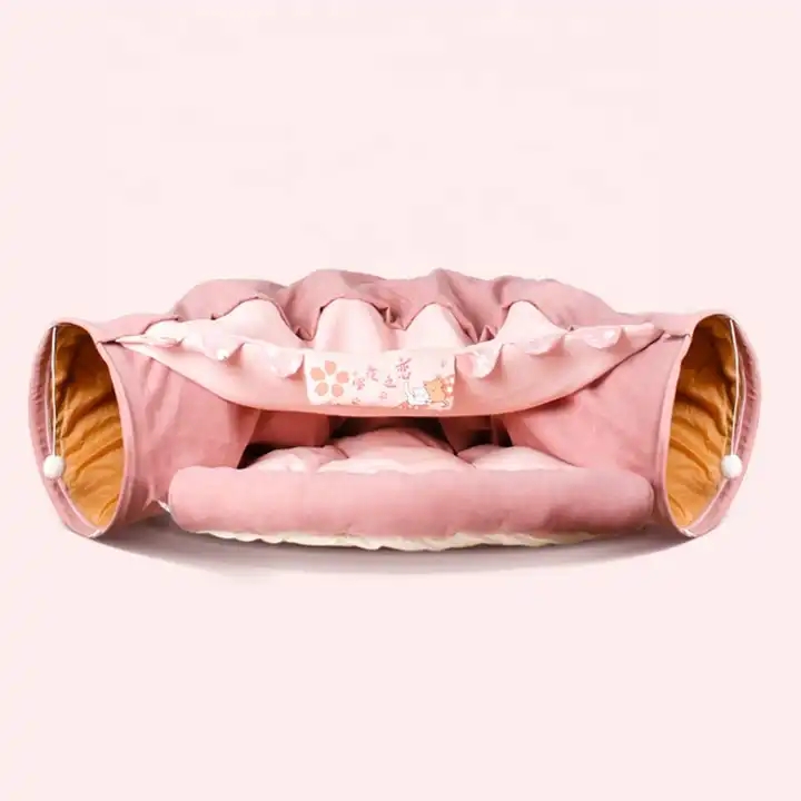 Pet Daily Kit Cat Tunnel, Large indoor outdoor Collapsible Pet Toy Tunnel Tube Cat Collapsible Play Tunnel Tube Bed with Cushion Pink