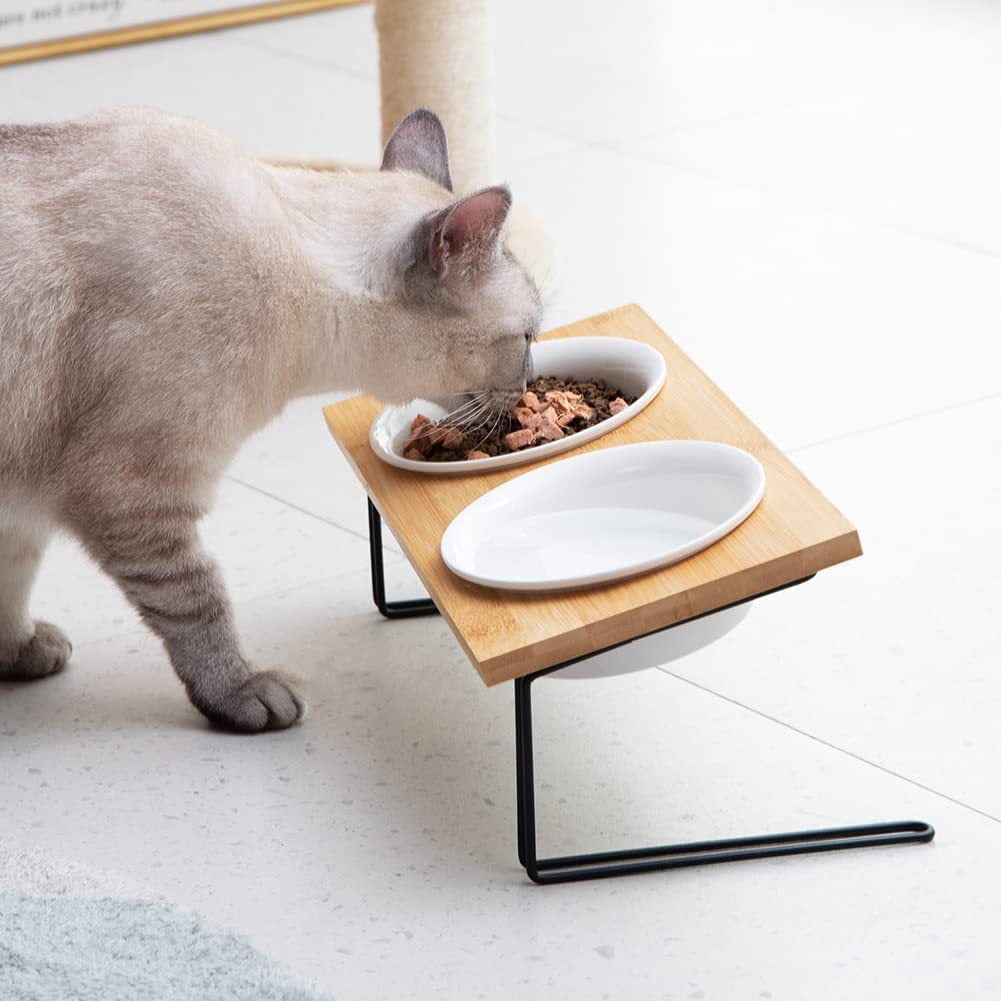 Pet Daily Kit Ceramic bowls elevated for Pets, Solid bamboo Water stand feeder
