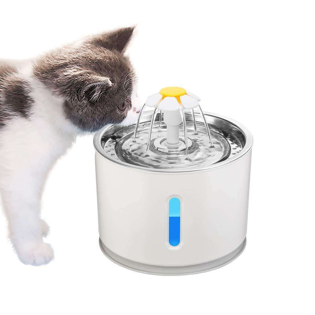 Pet Daily Kit Fountain, Automatic Pet Water Fountain, 2.4L Large Capacity Pet Fountain Stainless Steel Top LED Flower Drinking Dispenser Mute Water Feeder