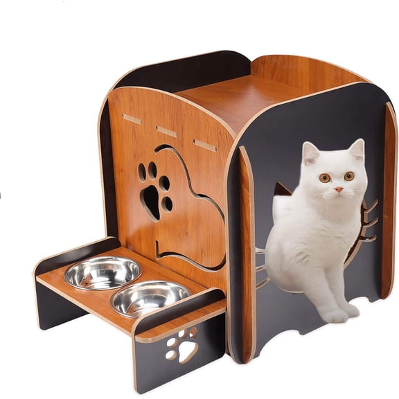 Pet Daily Kit Wooden Cat Beds Indoor Cat Cave House Pet Crate with Feeding Bowls Stand