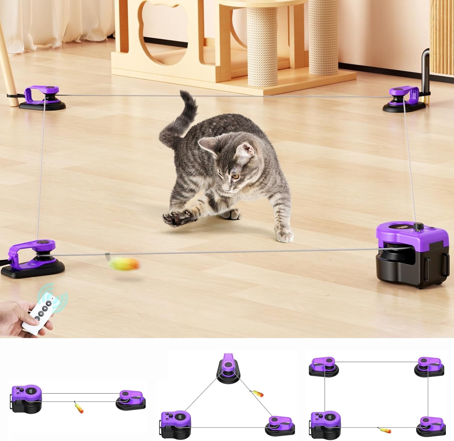 Pet Deluxe Interactive Cat Toy for Indoor Cats, Cat Feather Toy Treadmill for Bored Kitten Puppy Play Chase Run Exercise, Auto/RC Control DIY Cat Mouse Hunting Toy-Purple