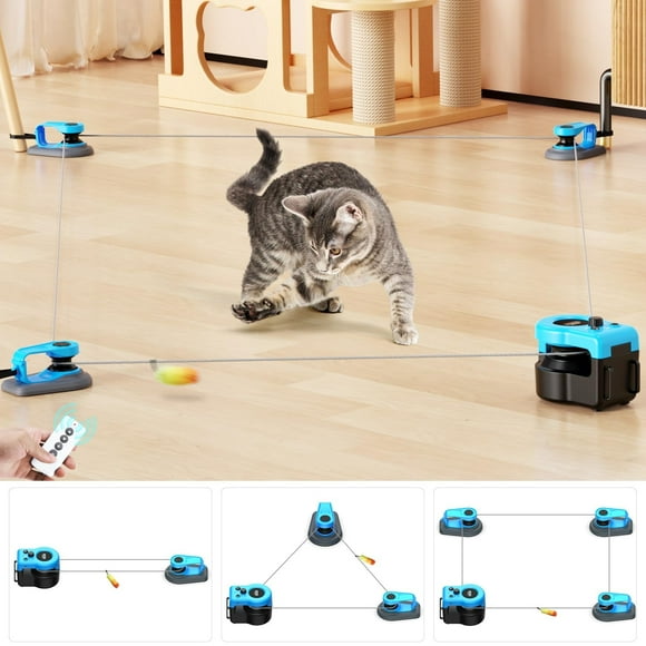 Pet Deluxe Interactive Cat Toy for Indoor Cats, Cat Feather Toy Treadmill for Bored Kitten Puppy Play Chase Run Exercise, Auto/RC Control DIY Cat Mouse Hunting Toy-Sky Blue