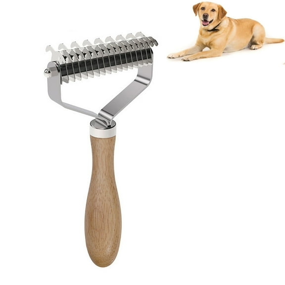 Pet Dematting Comb for Dogs and Cats with Wood Handle, Deshedding Undercoat Rake for Dogs with Stainless Steel Blades, Dog Comb for Detangling Thinning and Shedding, All Hair Types