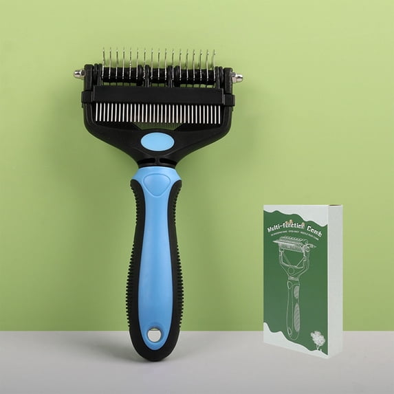 Pet Dematting Comb, Double Sided Dog Cat Grooming Brush with Stainless Steel Blades, Undercoat Rake for Long Hair Mat Removal