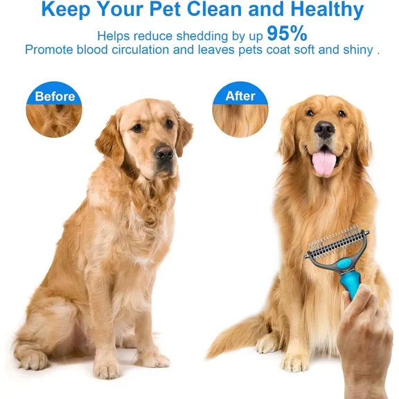 Pet Deshedding Brush Double Sided Grooming Comb for Dogs Cats Undercoat Rake Removes Mats Tangles Loose Hair Gentle Grooming Tool for Thick Long Short Coats
