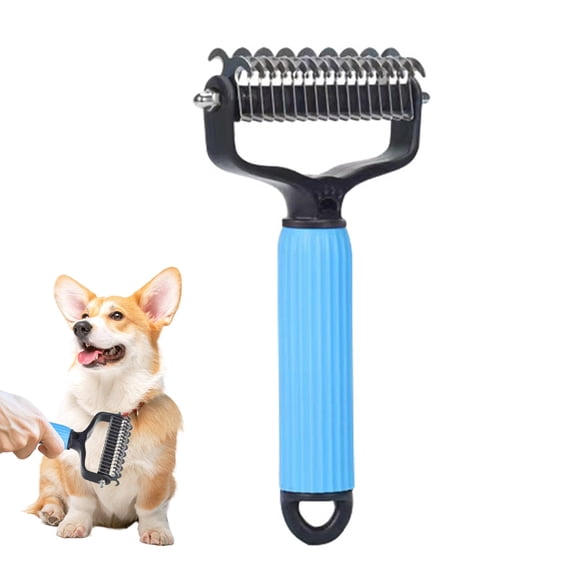 Pet Detangling Comb Handheld Undercoat Rake for Dogs & Cats, Double-Sided Stainless Steel Teeth Grooming Brush for Thinning Shedding, Long Hair Deshedding Tool, Blue, Ergonomic Handle, Easy Clean, St