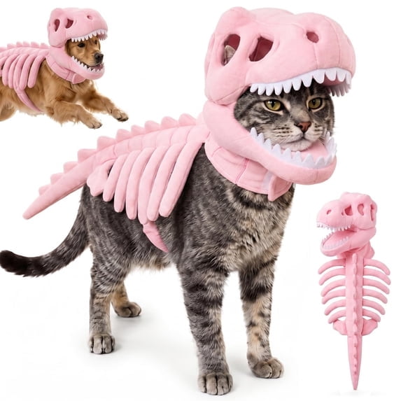 Pet Dinosaur Costume, Skeleton Dino Hoodie Hat for Dogs and Cats, Halloween Dog Outfit and Cat Outfit Accessory, Funny Pet Clothing for Costume Parties and Holiday Photos,Pink M