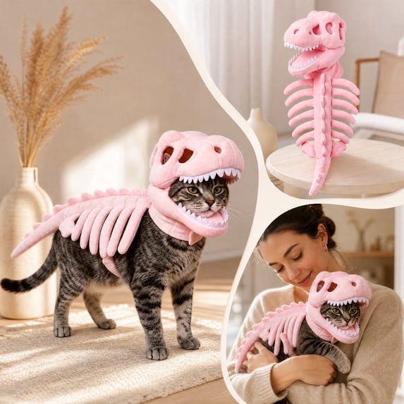 Pet Dinosaur Costume, Skeleton Dino Hoodie Hat for Dogs and Cats, Halloween Dog Outfit and Cat Outfit Accessory, Funny Pet Clothing for Costume Parties and Holiday Photos,Pink L