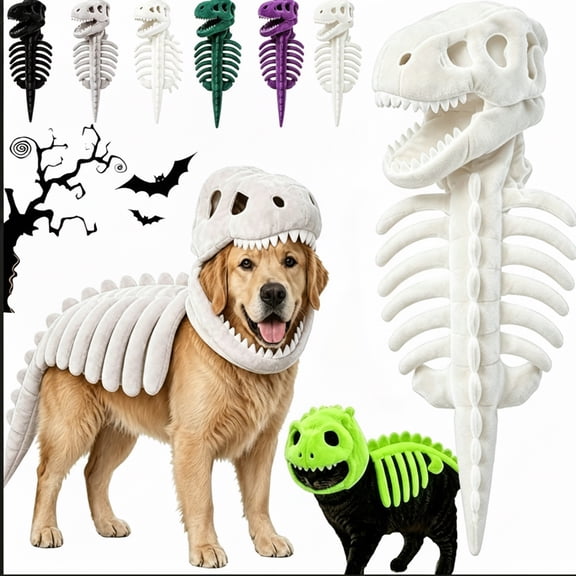 Pet Dinosaur Costume, Soft Plush T-Rex Skeleton Outfit for Dogs & Cats, Glow-in-the-Dark Green Option, Machine Washable Cosplay Clothes, Medium Large Pets, 90cm 120cm