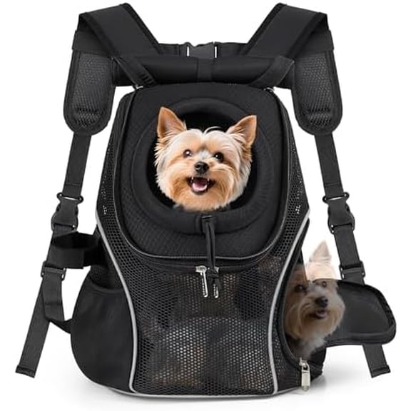 Pet Dog Carrier Backpack with Top and Side Windows, Small Dog Front Backpack Ventilated Mesh Dog Back Pack with Safety Belt for Travel Hiking Outdoor Adventures (Size M: 5-9 lbs, Black 2.0)