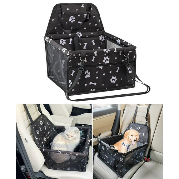 Pet Dog Cat Car Seat Booster for Small & Medium Pets, Portable Breathable Foldable Pet Carrier Seat Safety Anti-Collapse for Travel with Seat Belt, Black Printed