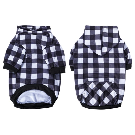 Pet Dog Cat Cute Plaid Hoodie, Soft Warm Fleece Lined Winter Sweatshirt, Cozy Pullover for All Breeds Cold Weather Outdoor Walk Indoor Black XL