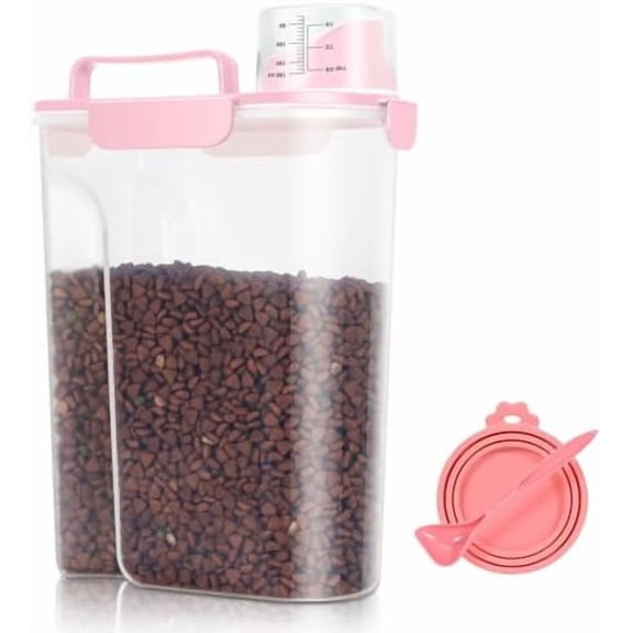 Pet Dog Cat Food Storage Container 5 to 7 lbs with Can Cover and Mixing Spoon, Airtight Pet Food Storage Dispenser with Large Spout & Measuring Cup for Kibble Dog Treat Bird Seed Container -Pink