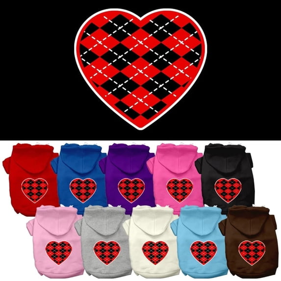 Pet Dog Cat Hoodie Screen Printed, "Red Argyle Heart"