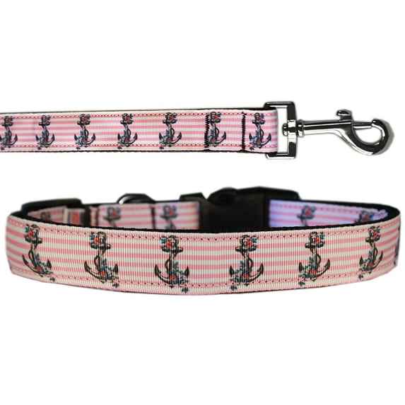 Pet Dog Cat Nylon Collar or Leash, "Pink Anchors"