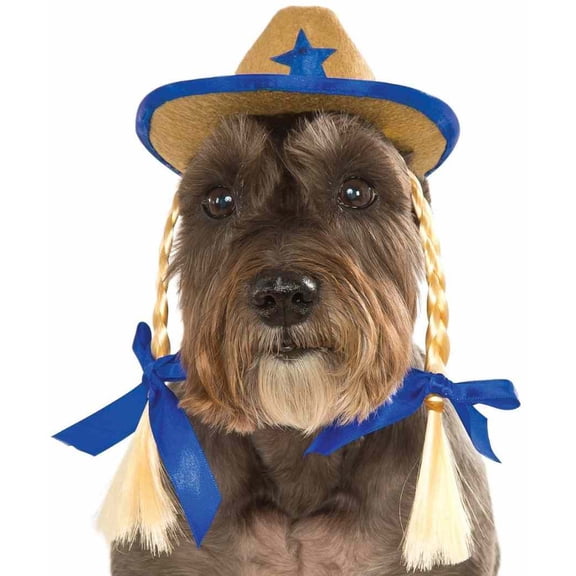 Pet Dog Cat Western Cowgirl Sheriff Blue Costume Hat With Braids-S-M