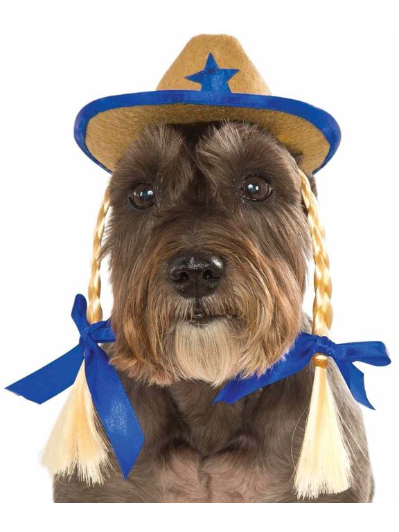 Pet Dog Cat Western Cowgirl Sheriff Blue Costume Hat With Braids-S-M