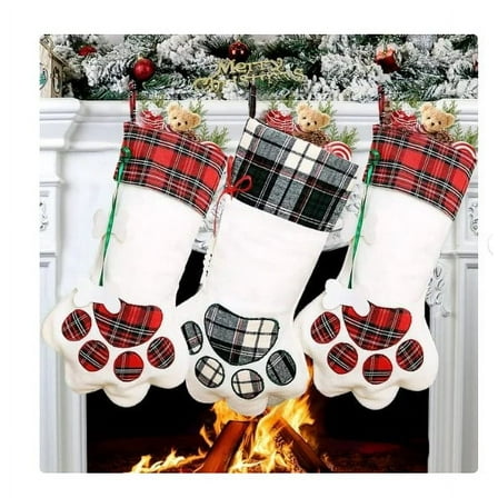Pet Dog Christmas Stocking, Red Hanging Christmas Stockings with Large Dog Paw for Christmas Fireplace Decorations, 18 x 11 Inch
