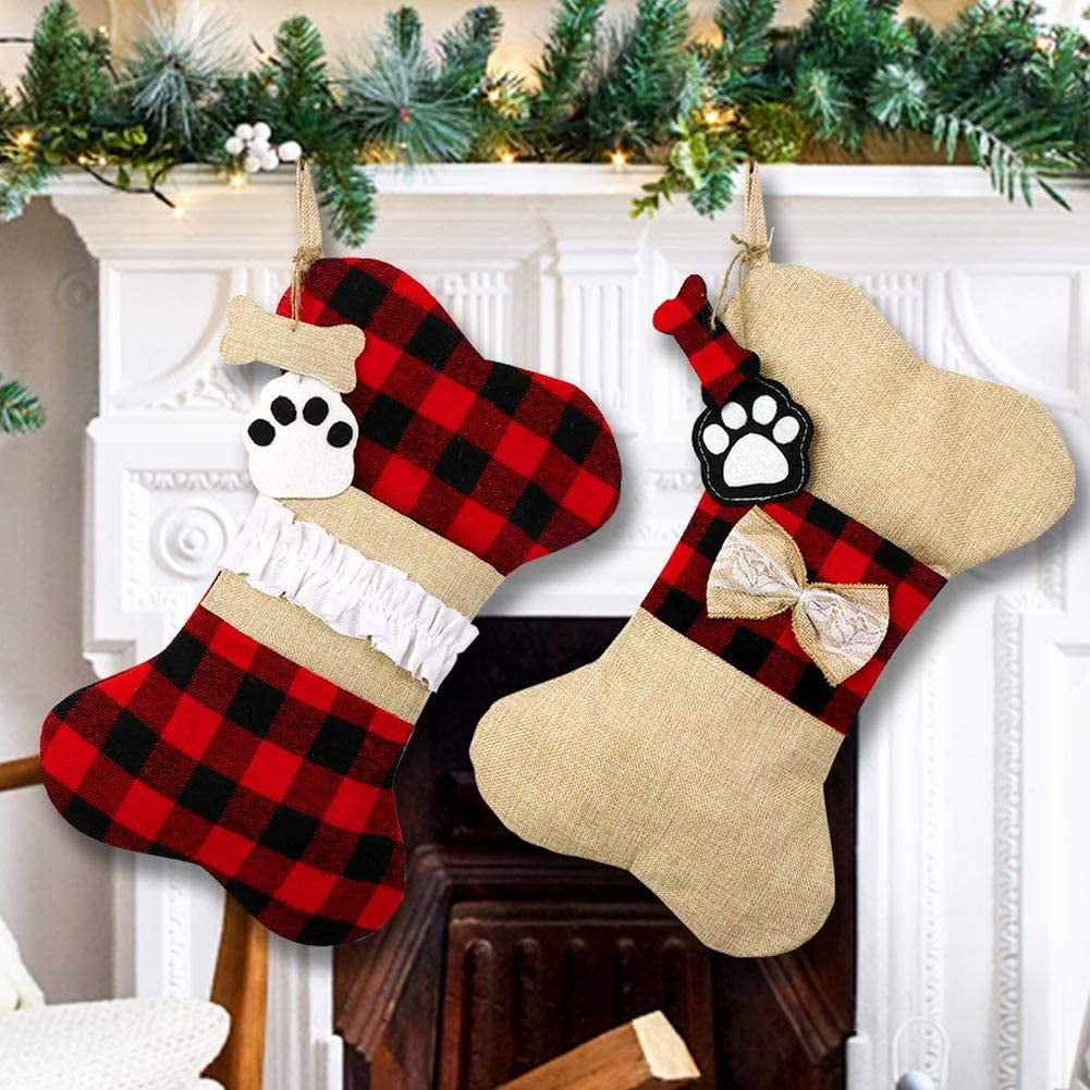 Pet Dog Christmas Stockings, Burlap Plaid Large Bone Shape Pets — free download
