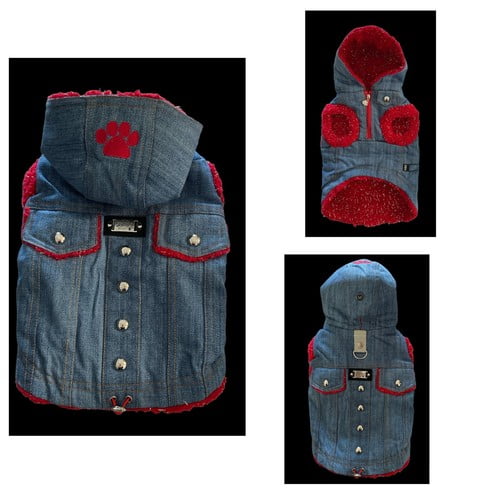 Pet Dog Clothes Soft Light Denim Jacket Sweater Hoodie W Red Size Medium NEW