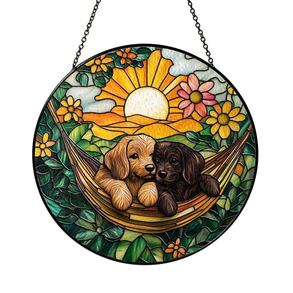 Pet Dog Couple Glass Suncatcher Window Decor, Stained Glass Style Hanging Art for Animal Inspired Spaces