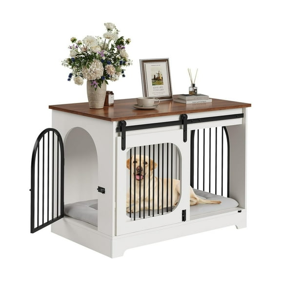 Pet Dog Crate Furniture, 39.4 Inch Medium Dog Crates with Bed Mat, Wooden Dog Kennel Furniture, End Side Table Dog Cage with 3 Doors