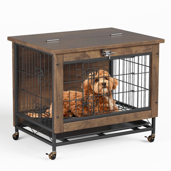 Pet Dog Crate Furniture with 2 Doors, Small Dog Crates with Wheels, Heavy Duty Wooden Kennel Furniture, End Table Dog Cage, 26.4"x19.7"x25.6"