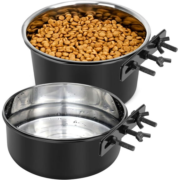Pet Dog Food Water Bowl for Cage, Stainless Steel Non-Spill Kennel Hanging Cats Bowls with Clamp Holder Crate Feeder Dish for Small Medium Large Dogs (Black,  (82 & 44 OZ))