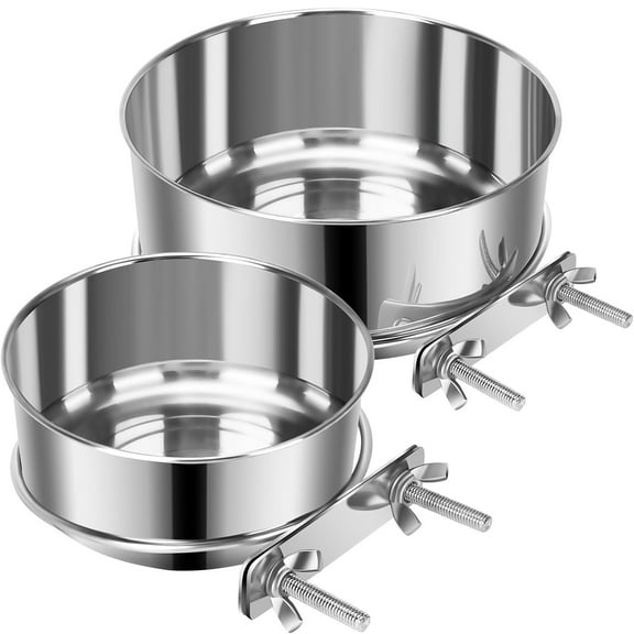 Pet Dog Food Water Bowl for Cage, Stainless Steel Non-Spill Kennel Hanging Cats Bowls with Clamp Holder Crate Feeder Dish for Small Medium Large Dogs (Silver, XS (19 & 12 OZ))