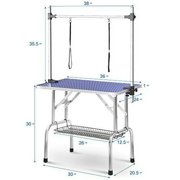 Pet Dog Grooming Table, Adjustable Large Heavy Duty Professional Foldable Trimming Stage with Arms, Noose, Mesh Tray, Maximum Capacity Up to 330LBS, 36''/Blue
