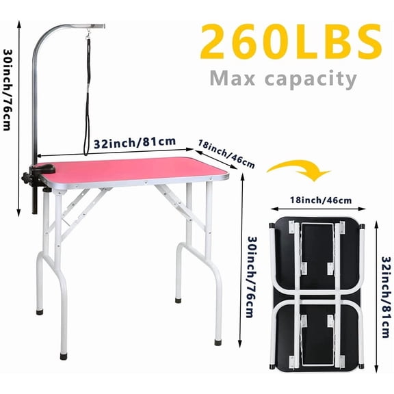 Pet Dog Grooming Table Foldable Heavy Duty Iron Frame with Arm Noose for Cat Dog Grooming (32 Inch, Pink)