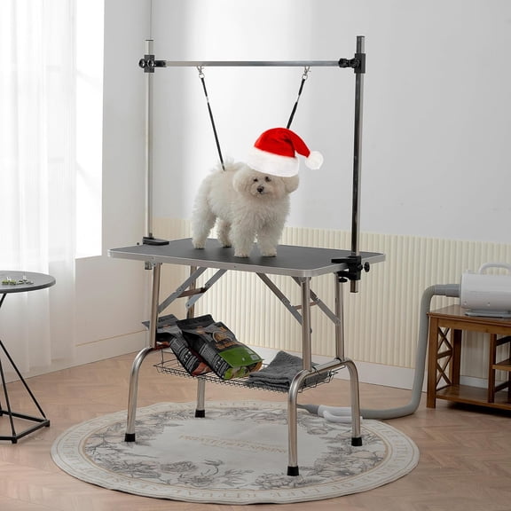Pet Dog Grooming Table, Foldable Stainless Steel Pet Drying Grooming Table Up to 330lbs, Professional Bathing Desk for Dogs at Home with Adjustable Overhead Arms, Noose, Mesh Tray, 36''/Black
