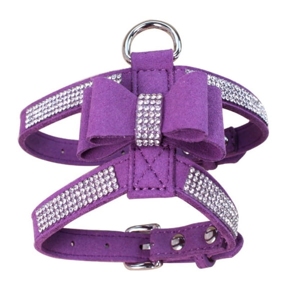 Pet Dog Harness Strap Lead Bling Rhinestone Necklace Leather Bowknot Collar
