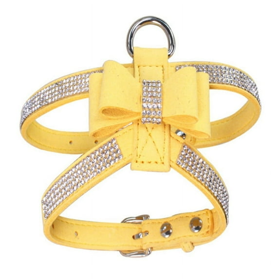 Pet Dog Harness Strap Lead Bling Rhinestone Necklace Leather Bowknot Collar